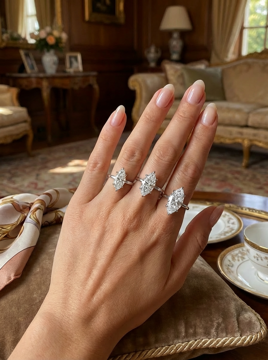 Minimalist tasarıma sahip 1.4CT marquise cut yüzük, altın, gümüş ve rose gold renk seçenekleri ile lüks bir tercih.