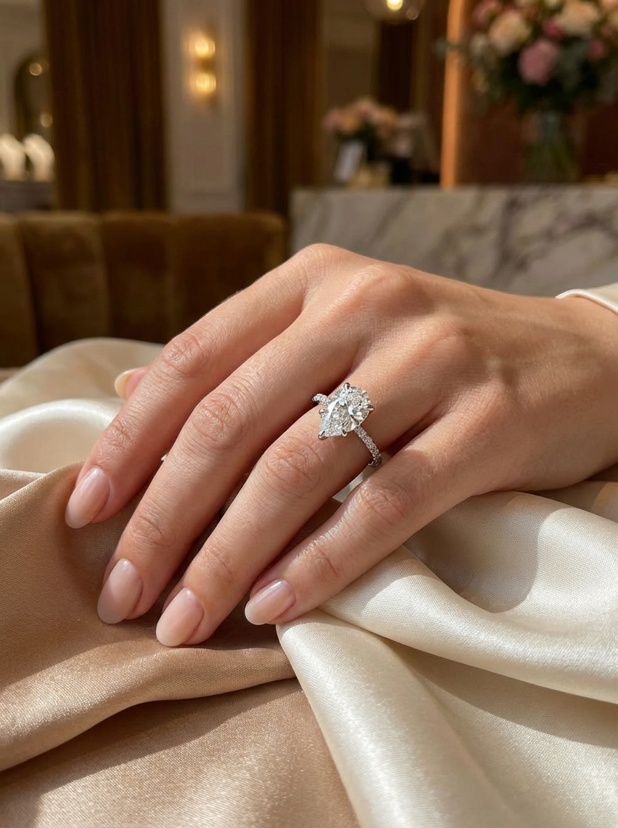 3.0CT Pear Cut Eternity Yüzük, Star taşlarla zenginleştirilmiş yüksek kalite ve ışıltılı bir görünüme sahiptir.