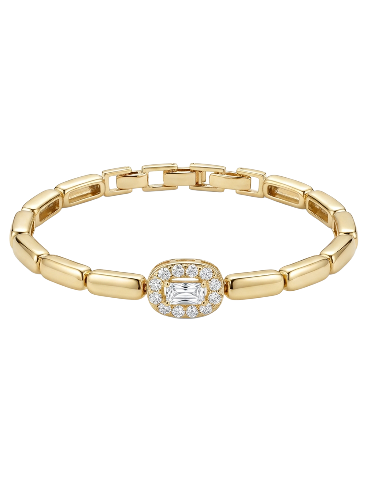 Amelia Bileklik, pirinç üzeri altın kaplama detaylarıyla zarif bir görünüm sunuyor, baget kesim zirkon taşlarıyla süslenmiş modern ve minimal bir tasarım.