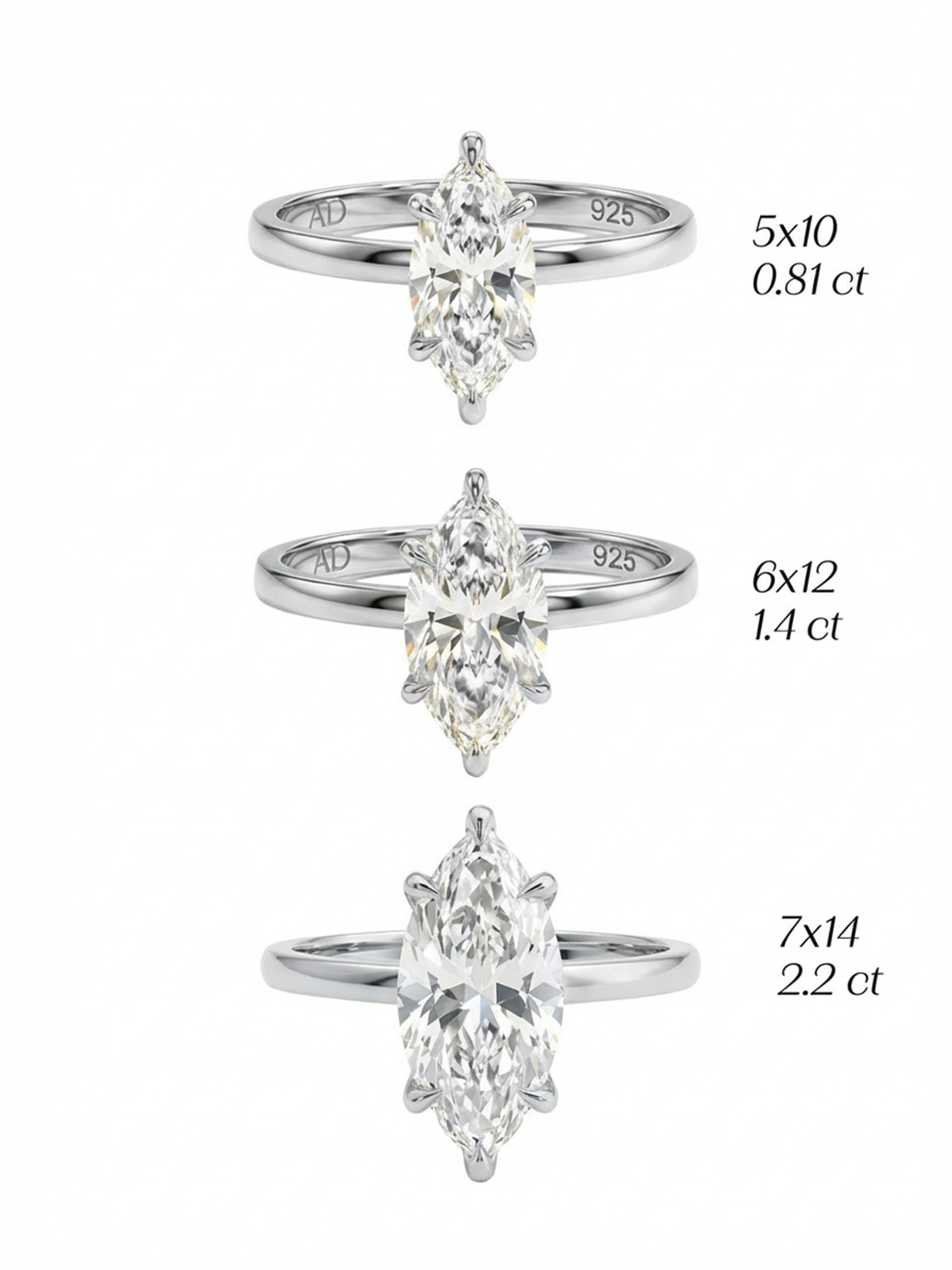 Etkileyici 2.2CT Marquise Cut Yüzük, minimal bant yapısı ve parlak taş görünümüyle dikkat çekiyor.