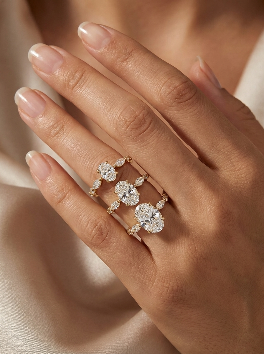 Detaylı çekim ile 1.2CT Oval Cut Flora Eternity Yüzük, oval kesim taşların zarif formu ve yanlardaki abiye taş dizilimiyle etkileyici bir görünüm sağlar.