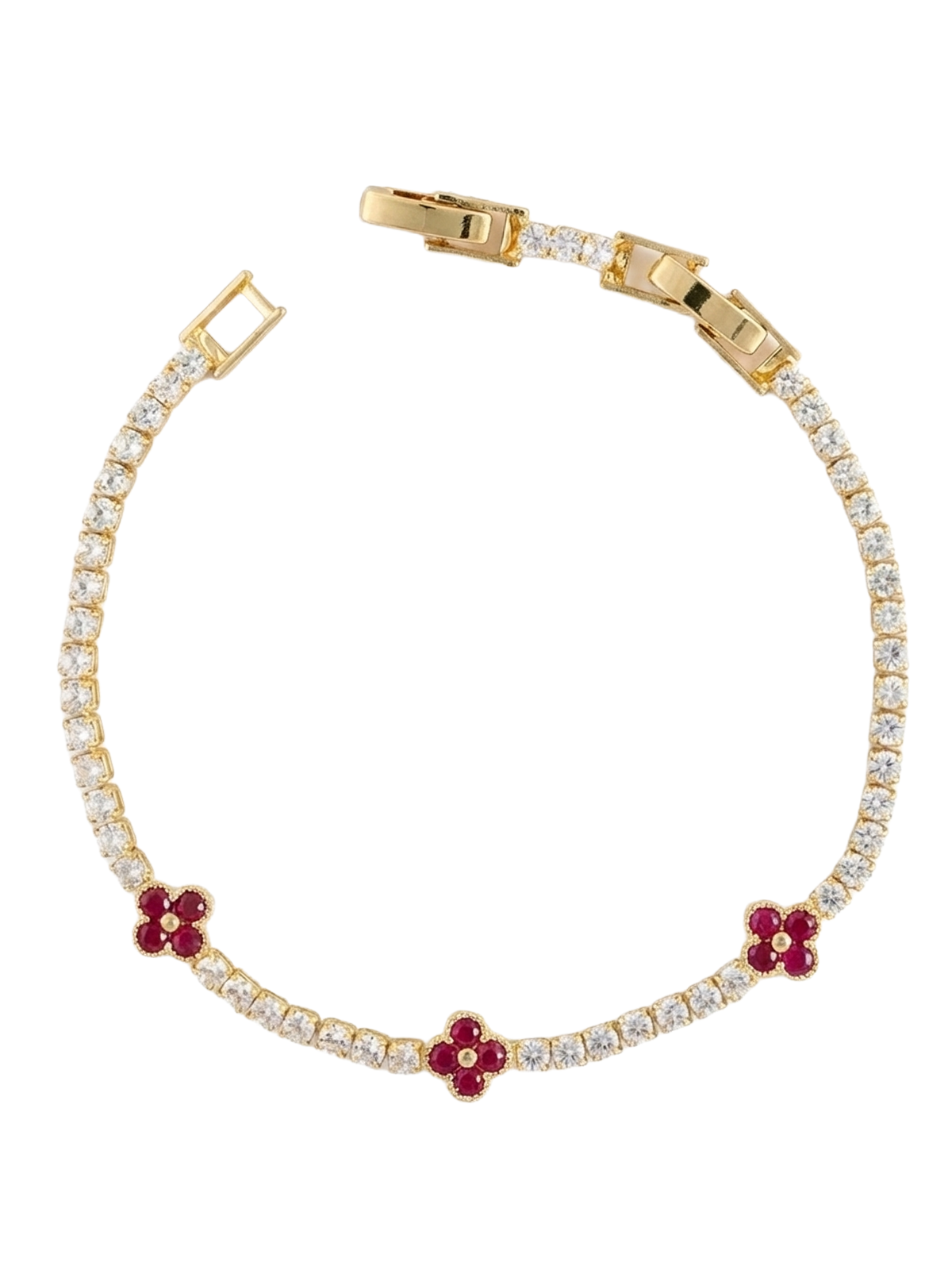 Camilla Bileklik, altın kaplama ve 3 adet yakut renkli zirkon taşlı yonca motifi ile zarif bir tasarım. Göz alıcı su yolu zinciriyle bilekte şıklığı yansıtıyor.