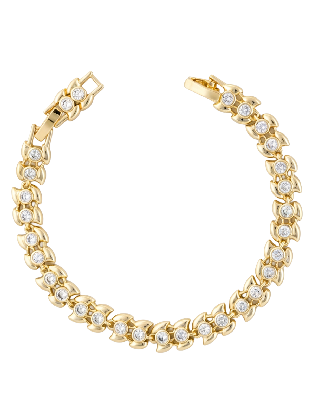 Helena Bileklik, zirkon taşlarla süslenmiş altın kaplamalı şık burgu tasarımıyla göz alıcı bir görünüm sunuyor.