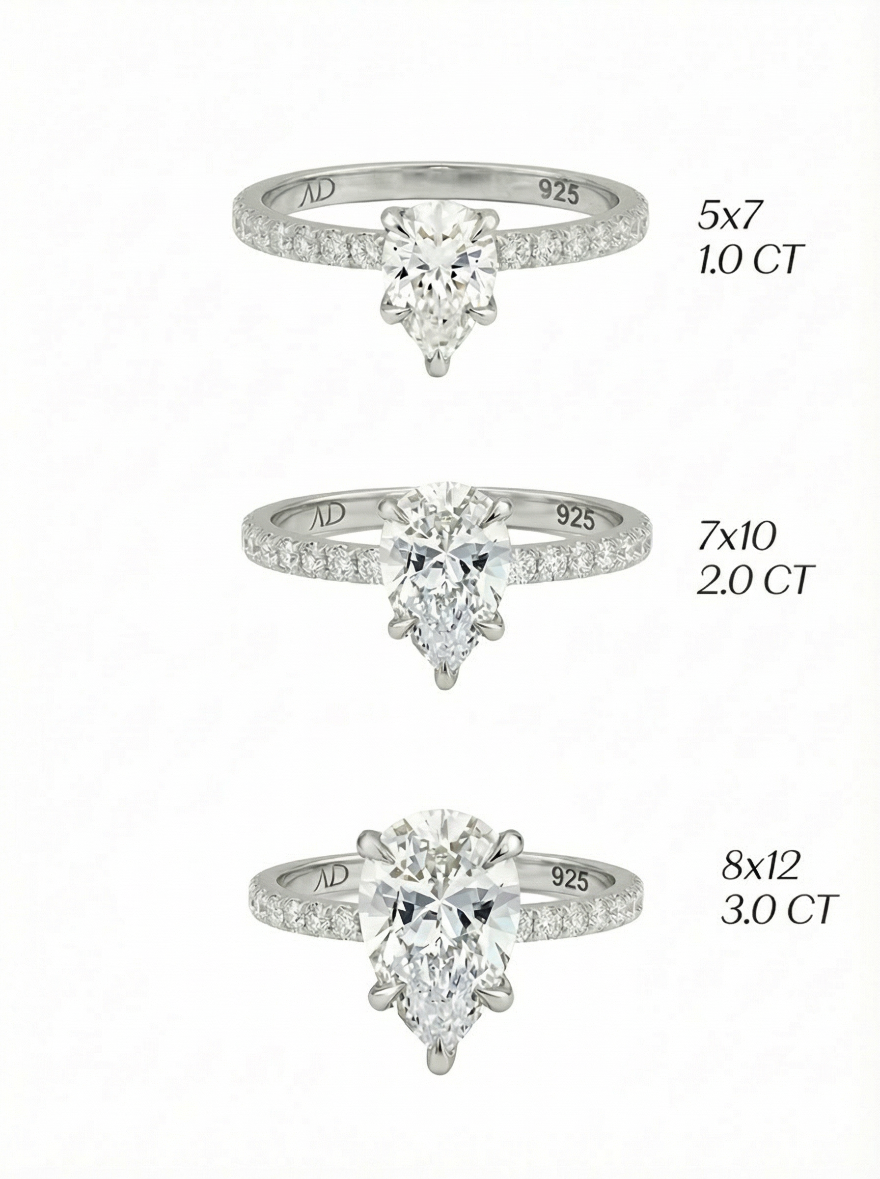 2.0CT Pear Cut Eternity Yüzük, etrafı zarif taşlarla çevrili, şıklığı ve feminen duruşuyla özel günler için mükemmel bir tercih.