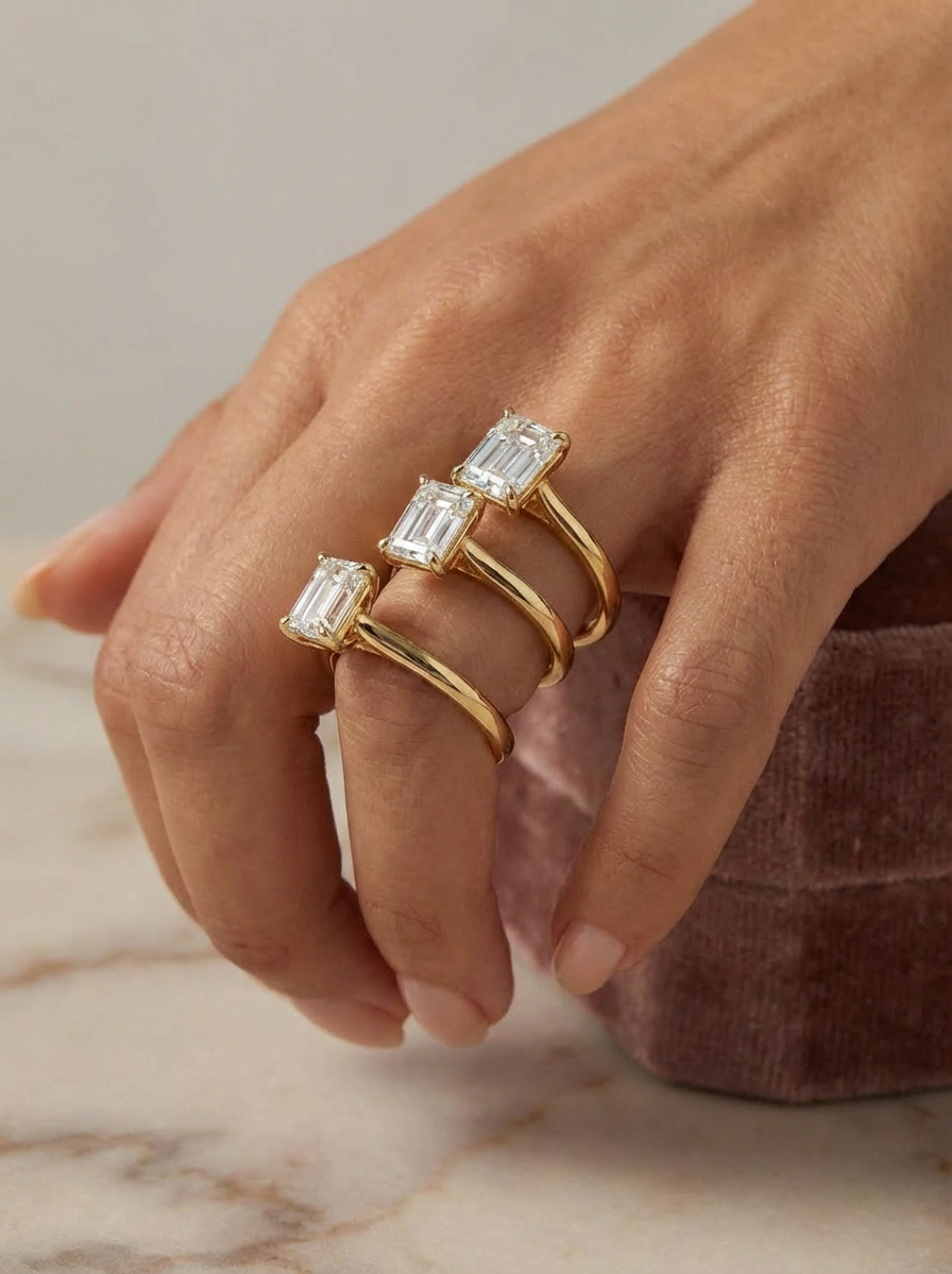 Büyüleyici 2.5CT Emerald Cut Yüzük, minimal bant tasarımıyla taşın ön planda olduğu lüks bir görünüm sunuyor.