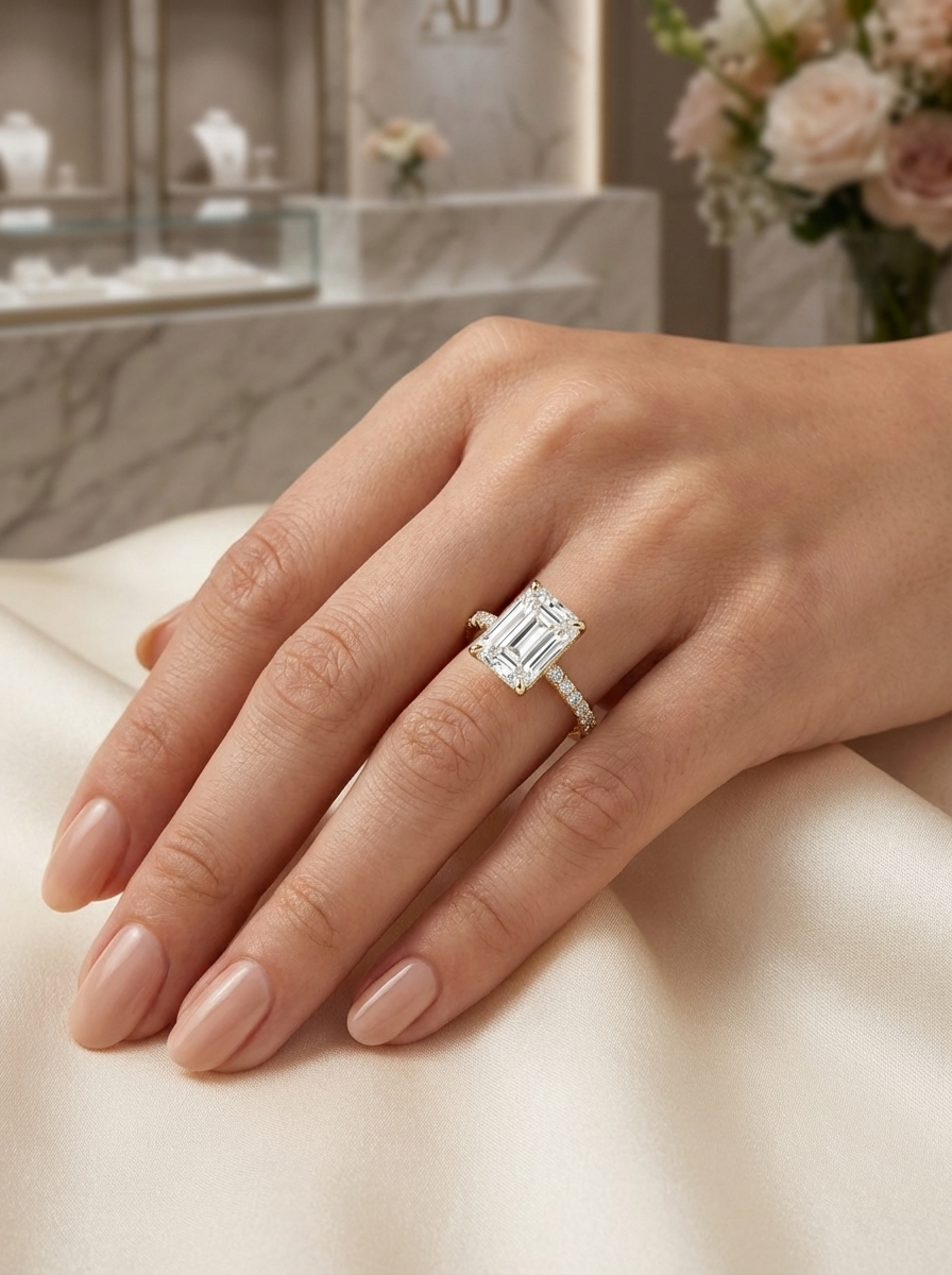 2.5CT Emerald Cut Eternity Yüzük, yan tamtur taşlarla zarif bir kombinasyon sunarak etkileyici bir görünüm sağlıyor.