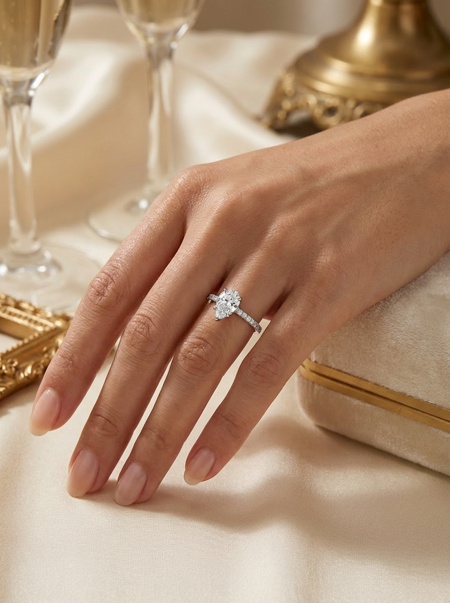 1.0CT Pear Cut Eternity Yüzük, Star taş kalitesinde taşları ile muhteşem parlaklığa sahip, minimal ve şık bir görünüm sunan yüzük.