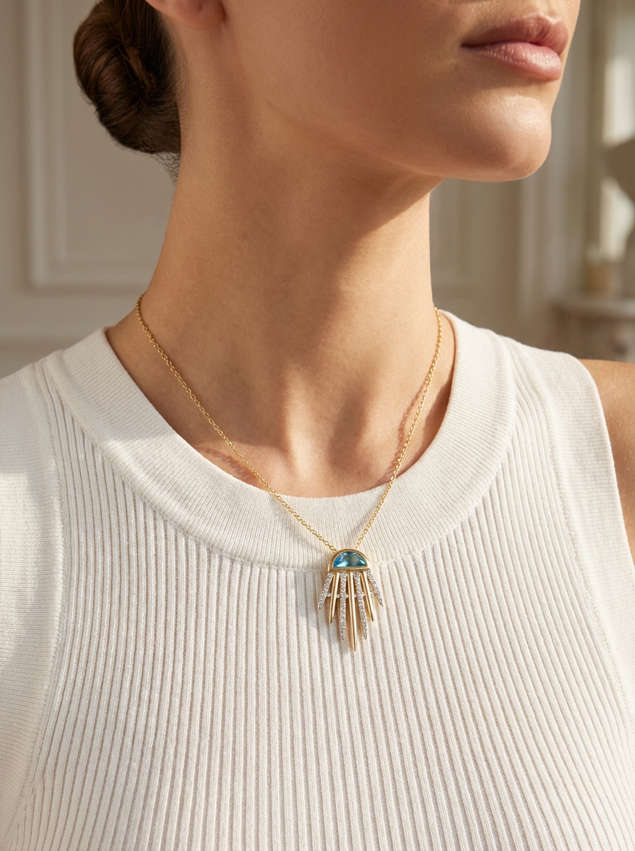 Sophie Kolye: Modern tasarım, yarım ay formlu mavi taş ve ışıltılı altın detaylar ile şıklığınızı artıran lüks bir takı.