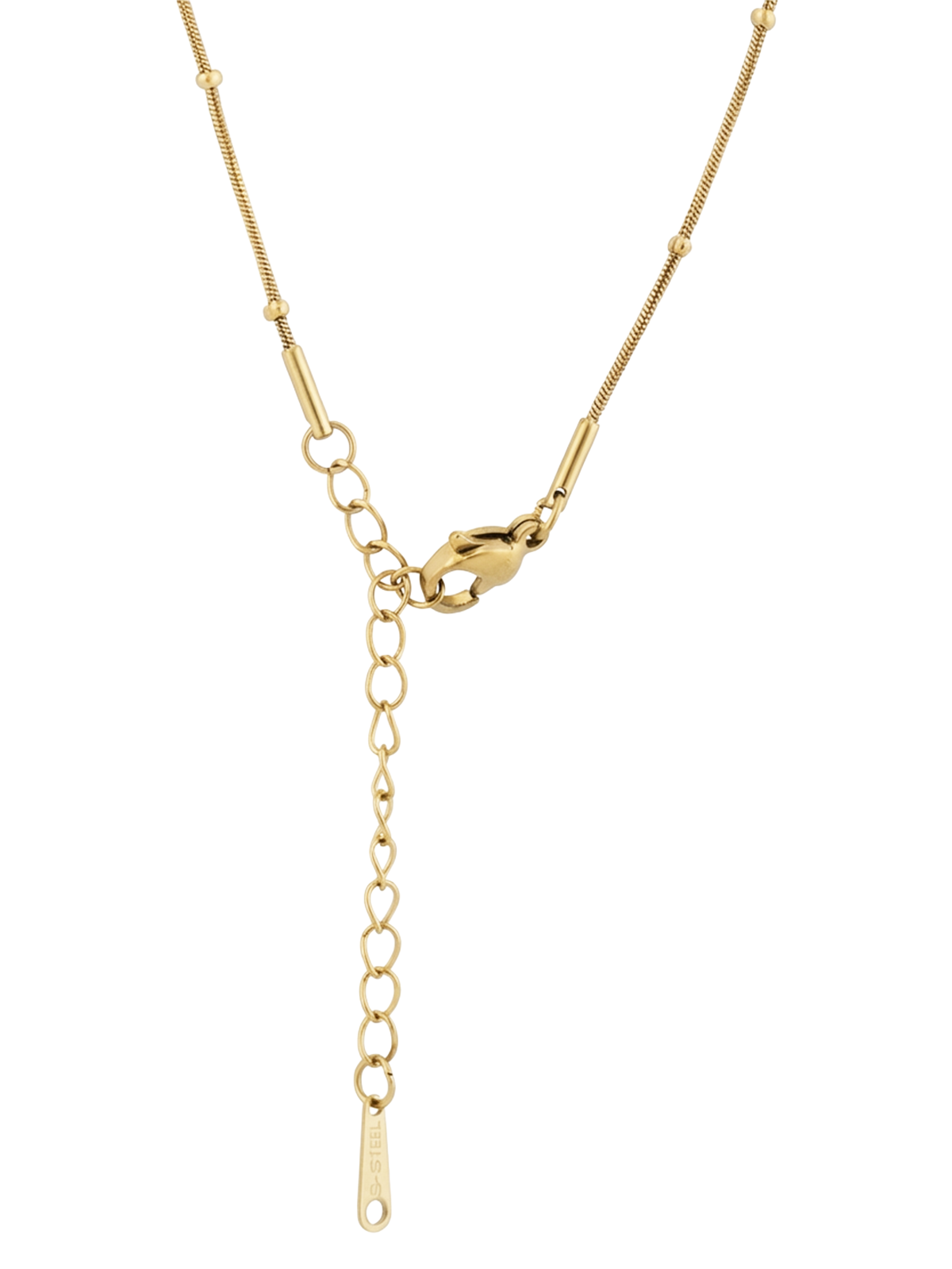 Daniela Kolye, geceye doğan bir yıldız gibi parlayan siyah mineli dikdörtgen madalyonu ve üst düzey detaylarıyla şık bir tasarım. Altın kaplama kutup yıldızı motifi ve zarif topçuklu zinciriyle zarafetin simgesi.