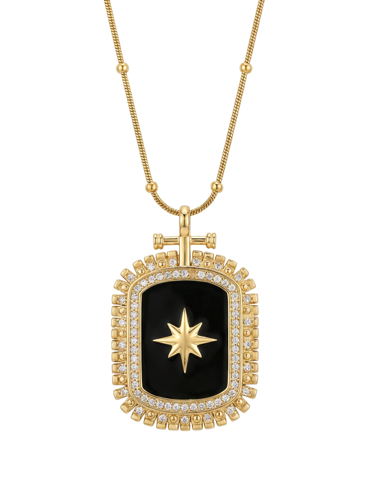 Daniela Kolye - Yenilikçi tasarımıyla siyah mineli dikdörtgen madalyonda parlayan kutup yıldızı motifi ve zarif topçuklu zinciri ile şıklığı ve zarafeti simgeleyen lüks bir kolye.