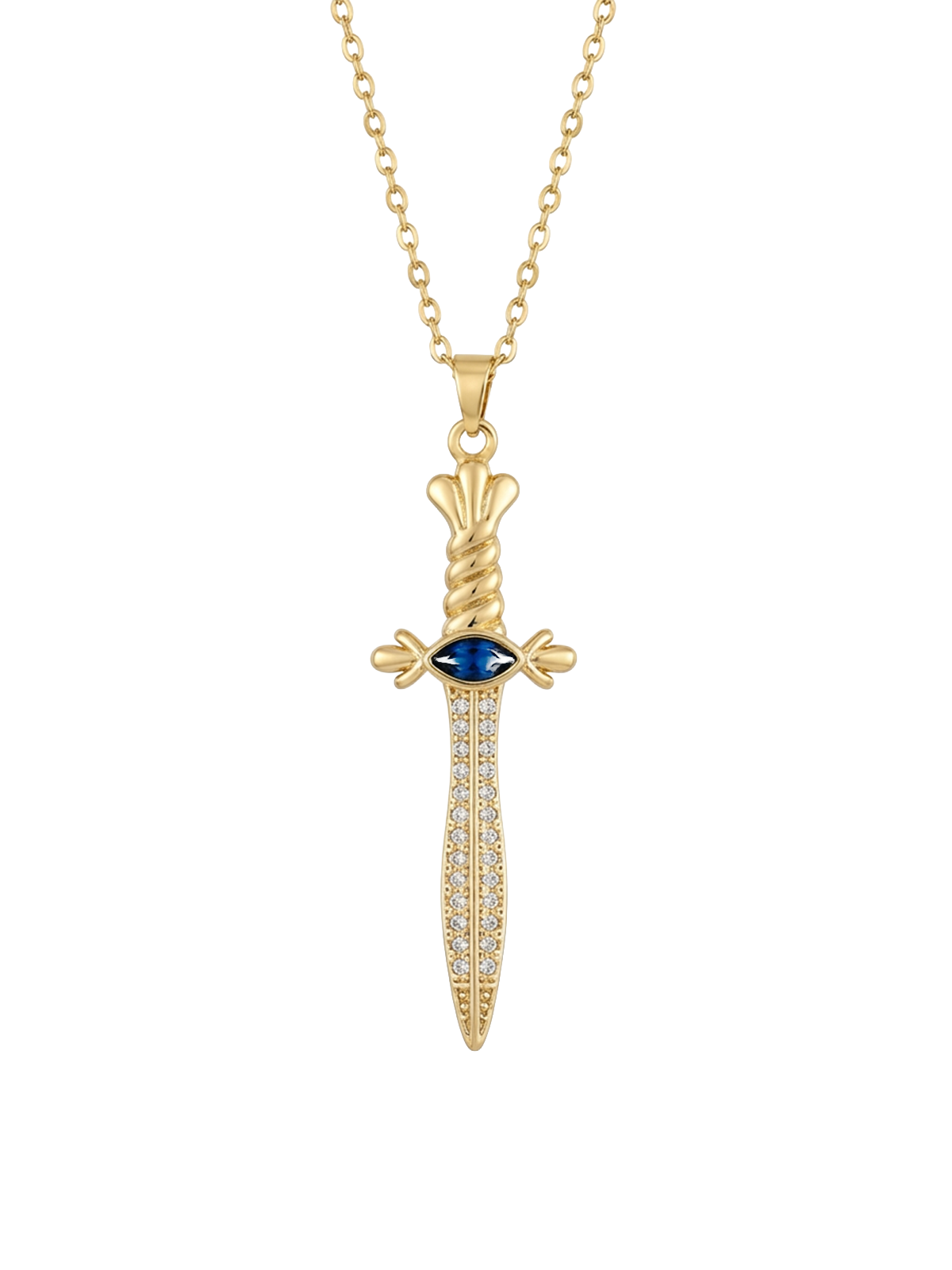 Julia Kolye, zarif burgu detaylarıyla tasarlanmış, safir mavi taş ve ışıltılı zirkon taşlarla süslenmiş lüks takı. Savaşçı ruhunu yansıtan zarif kılıç figürü ile stilinize cesur bir dokunuş katıyor.