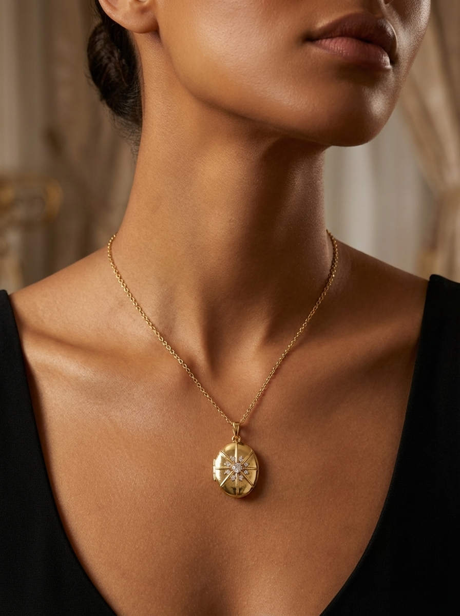 Alice Kolye - İnce Paslanmaz Çelik Zincir, Nostaljik Güneş Deseni, Kişisel Hatıraları Taşıyan Zarif Locket.