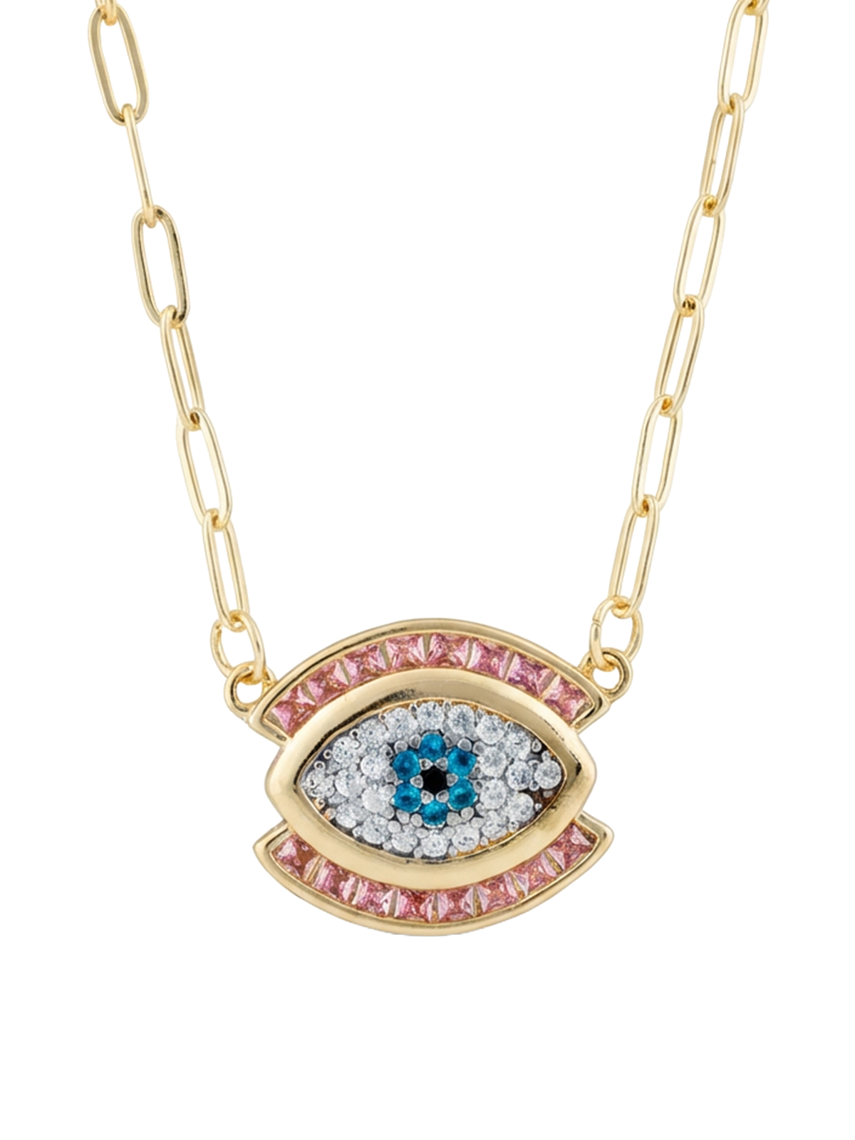 Eliza Kolye, pembe baget taşlarla çerçevelenmiş modern göz figürü ve zarif ataş zinciri ile göz alıcı bir tasarım.