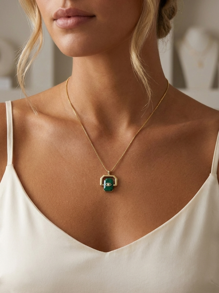 Juliette Kolye - Altın kaplama çerçeve içinde zarif malakit taşı görünümü ve kötü enerjilerden koruyucu göz motifi ile dikkat çeken şık bir parça.