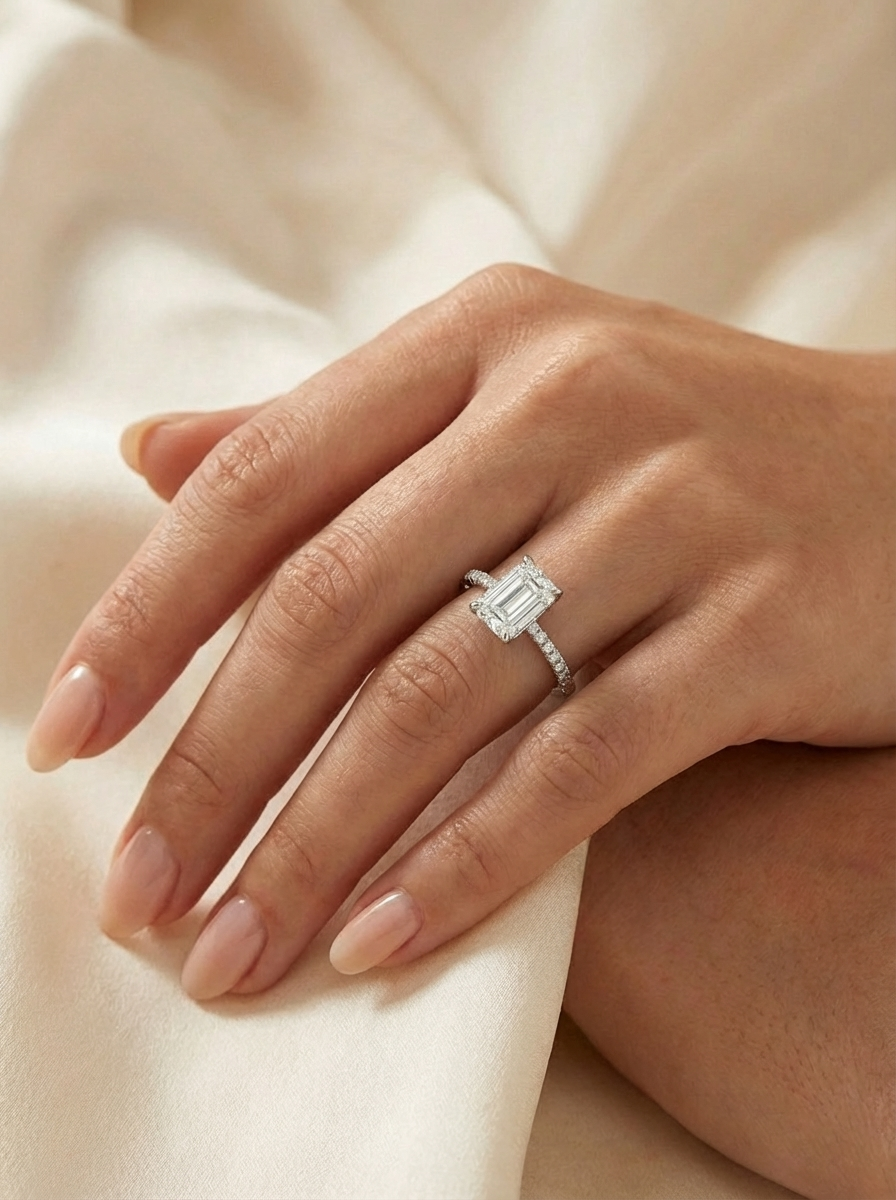 1.6CT Emerald Cut Eternity Yüzük, 925 ayar gümüşten zarif tasarımıyla ve etkileyici emerald kesim taşıyla dikkat çekiyor.