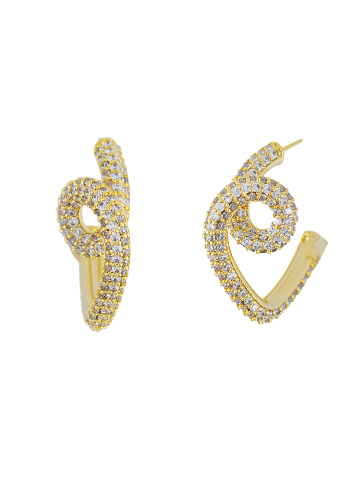 Lüks Siena Küpe, spiral tasarımı ve zirkon taşlarla bezelidir, altın kaplama detayları ile şıklığı tamamlar.