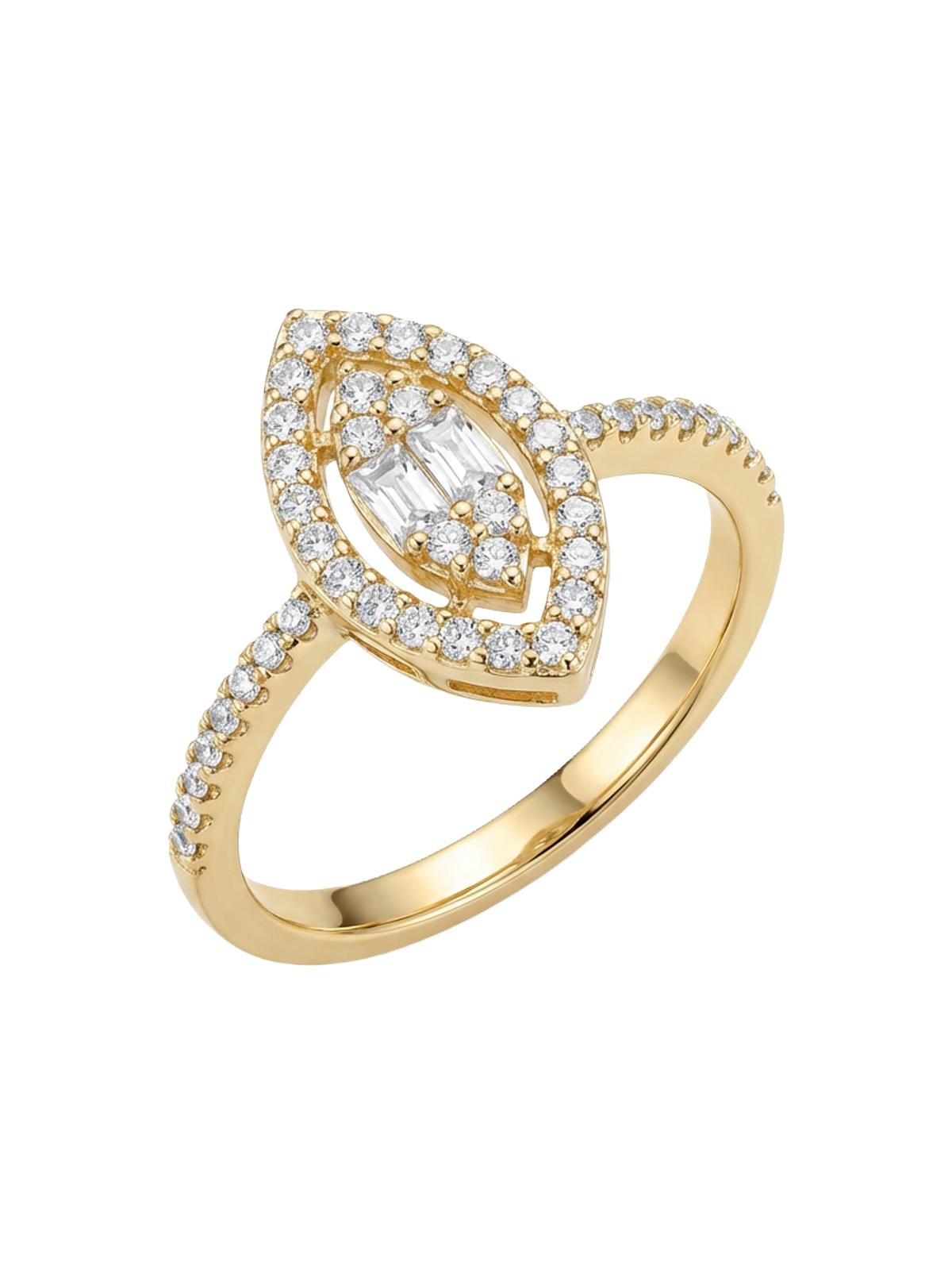Emily Yüzük - Zarif damla formda altın kaplama yüzük, yüksek kaliteli zirkon taşlarla süslenmiştir.