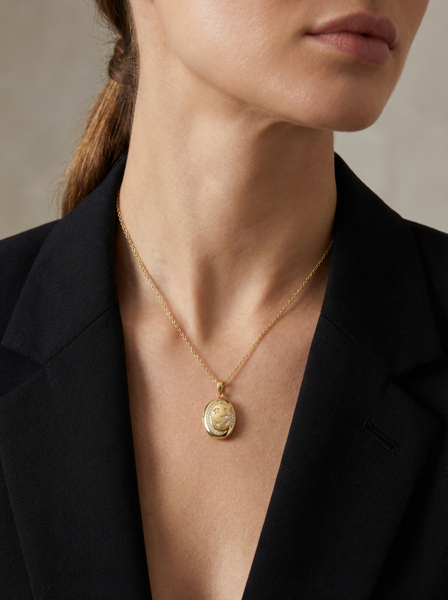 Zarif Violet Kolye'nin paslanmaz çelik zinciri, oval formlu kapaklı tasarımı ve taşlarla işlenmiş hilal ve yıldız figürleriyle gökyüzünün ışıltısını yansıtıyor.