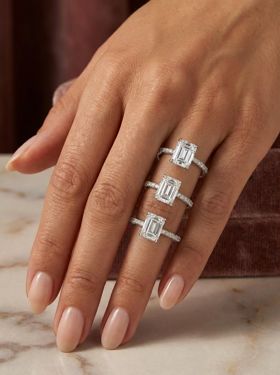 Büyüleyici 3.7CT Emerald Cut Eternity Yüzük, güçlü hatları ve dengeli taş yerleşimiyle günlük ve özel ortamlarda öne çıkıyor.