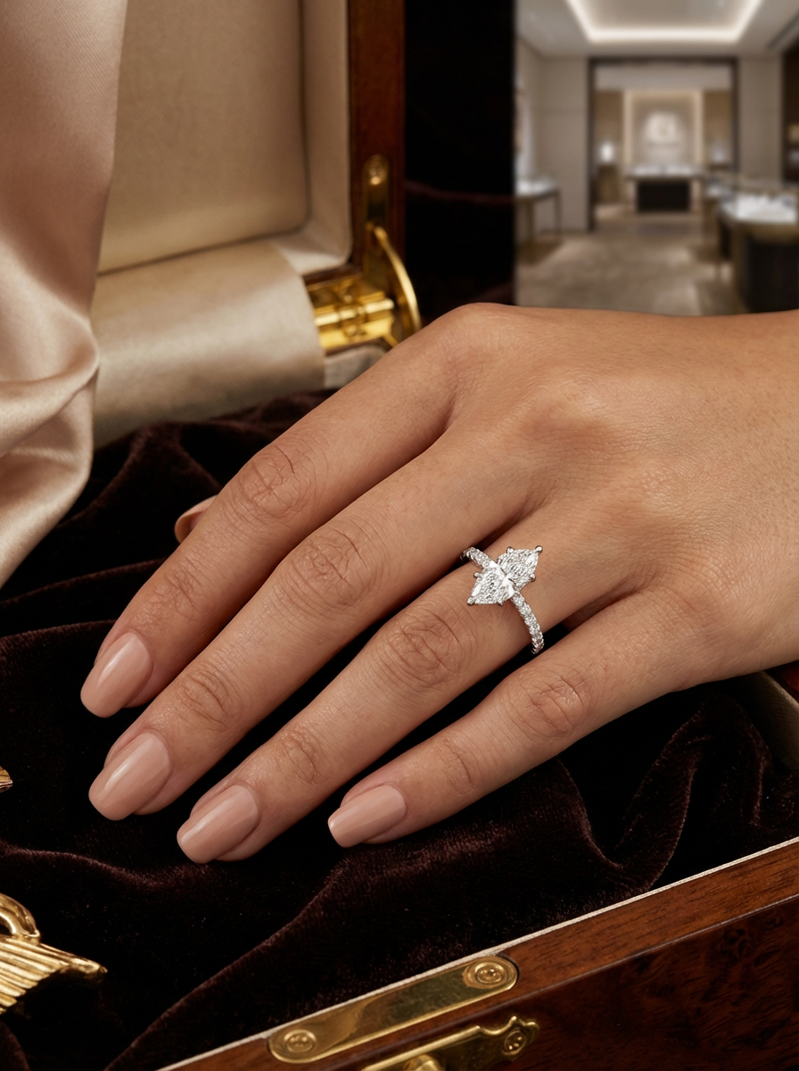 1.4CT Marquise Cut Eternity yüzüğün detayları, kaliteli Star taşlar ve zarif gümüş yapısı ile farkını ortaya koyuyor. Her açıdan eşsiz ışıltısı ve modern tasarımıyla lüks bir aksesuar.