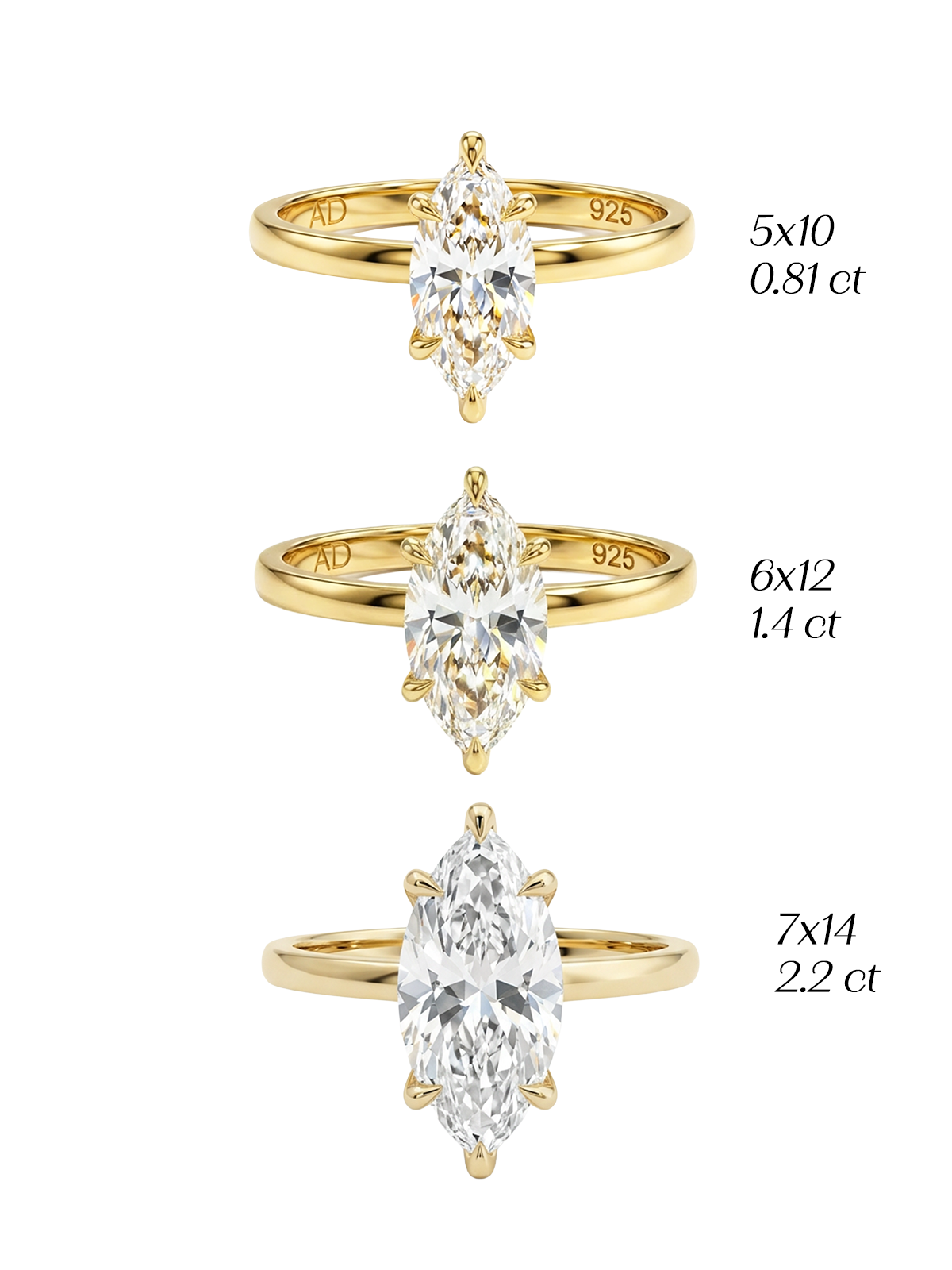 Lüks 2.2CT Marquise Cut Yüzük, Gold, Silver, ve Rose Gold seçenekleriyle her tarza uygun.