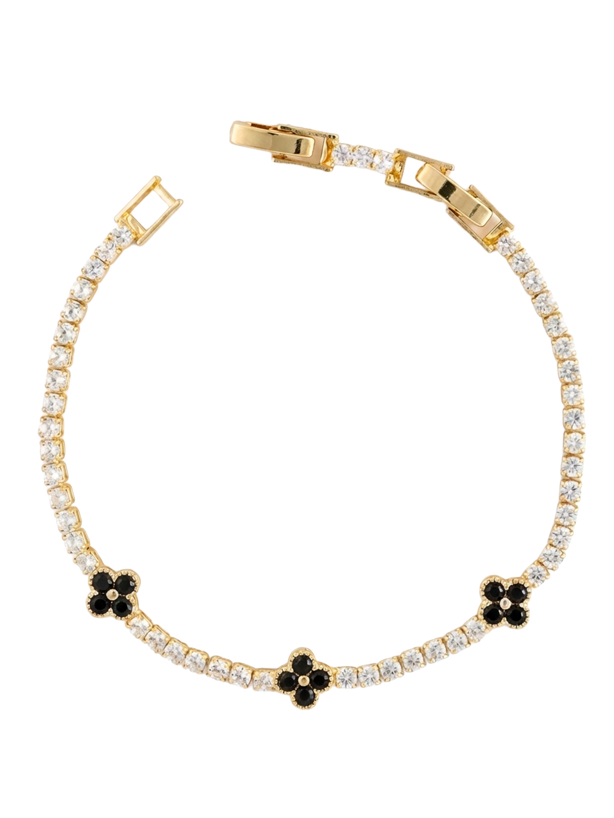 Scarlett Bileklik - Siyah zirkon taşlarla süslenmiş zarif su yolu zinciri, Atelier Duygu imzası taşıyan şık bir bileklik. Modern yonca motifleriyle estetik bir görünüm sunar.