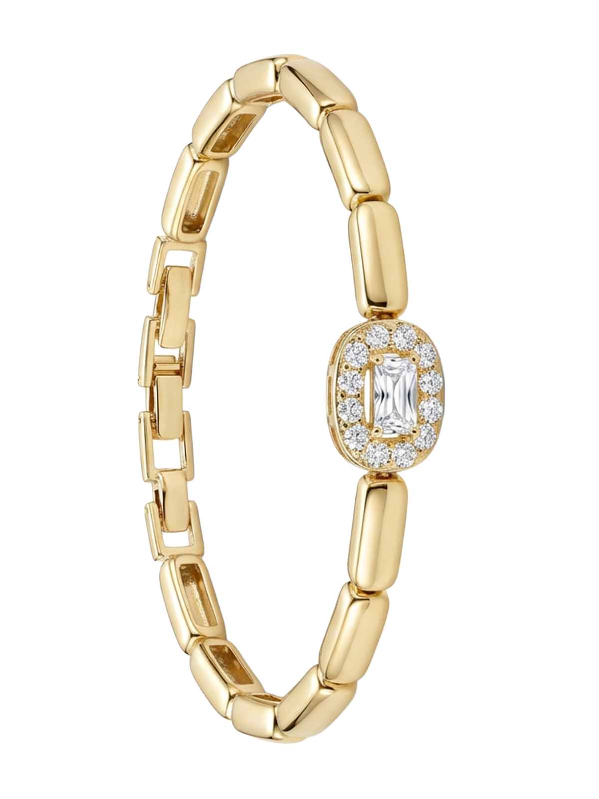 Amelia Bileklik, zarif altın kaplama ve parlak zirkon taşlarıyla sofistike bir görünüm elde eden şık bir mücevher parçası.