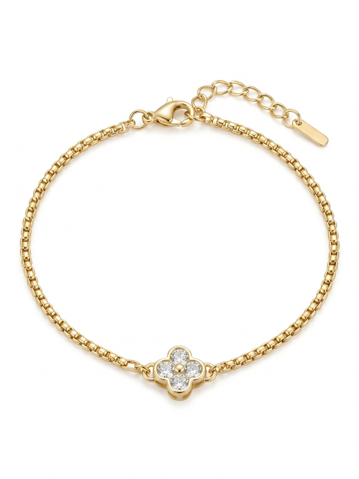 Aria Bileklik, zarif Venedik zinciri üzerinde ışıltılı beyaz zirkon taşlarından oluşan yonca detayı ile göz alıcı şıklık sunuyor.