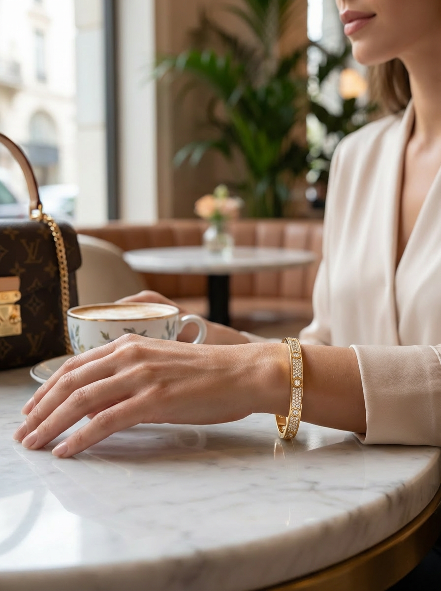 Vanessa Bileklik - Sade lüksü temsil eden, altın renkli taşlı bileklik, şıklığı ve zarafetiyle dikkat çekiyor.