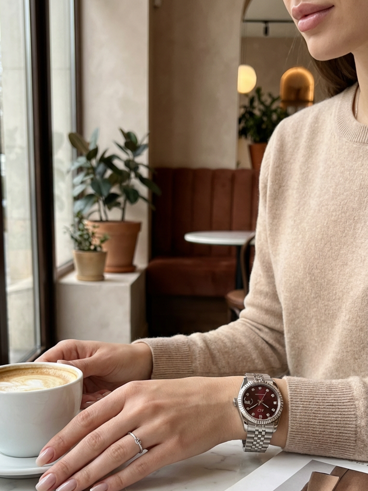 Dark Burgundy Stones Saat, paslanmaz çelik kasa ve bilezik ile günlük kullanıma uygun sağlam bir yapı sergilemektedir.