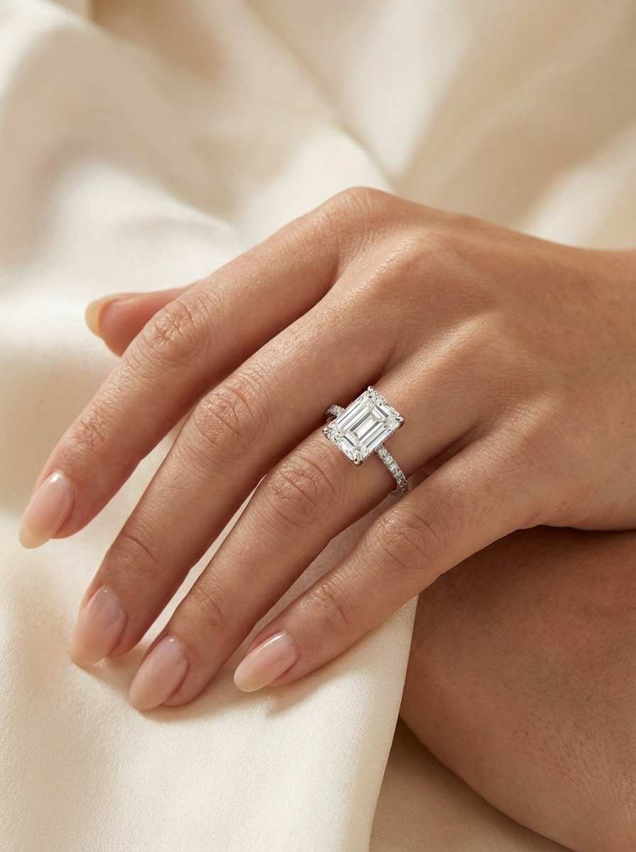 3.7CT | Emerald Cut Eternity Yüzük - Anlam dolu bir tasarım, 8x10 mm boyutlarındaki ana taş ve tamtur yan taşlarla ışıltılı bir duruş elde eden zamansız lüks.