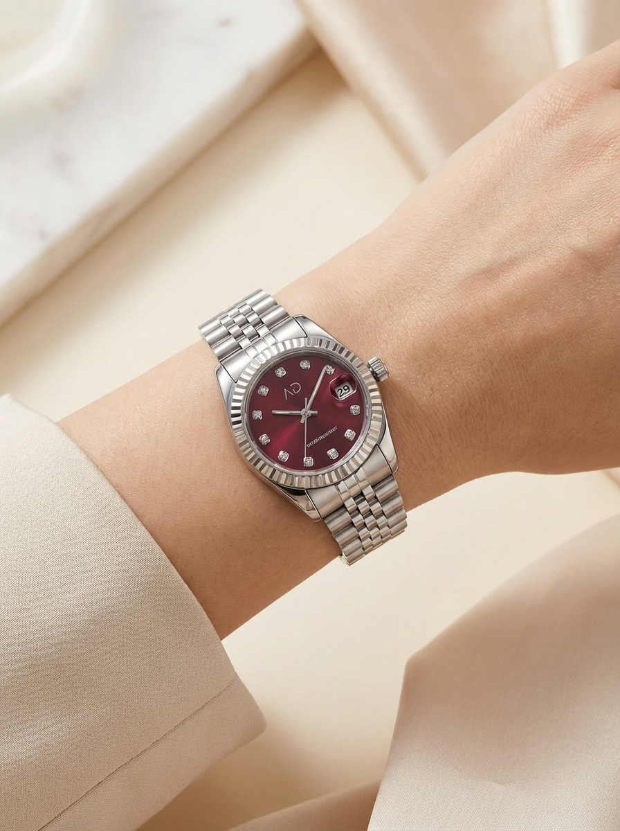 Cherry Wine Stones Saat - Taşlı indekslerle donatılmış zarif tasarım ve çelik bilezik