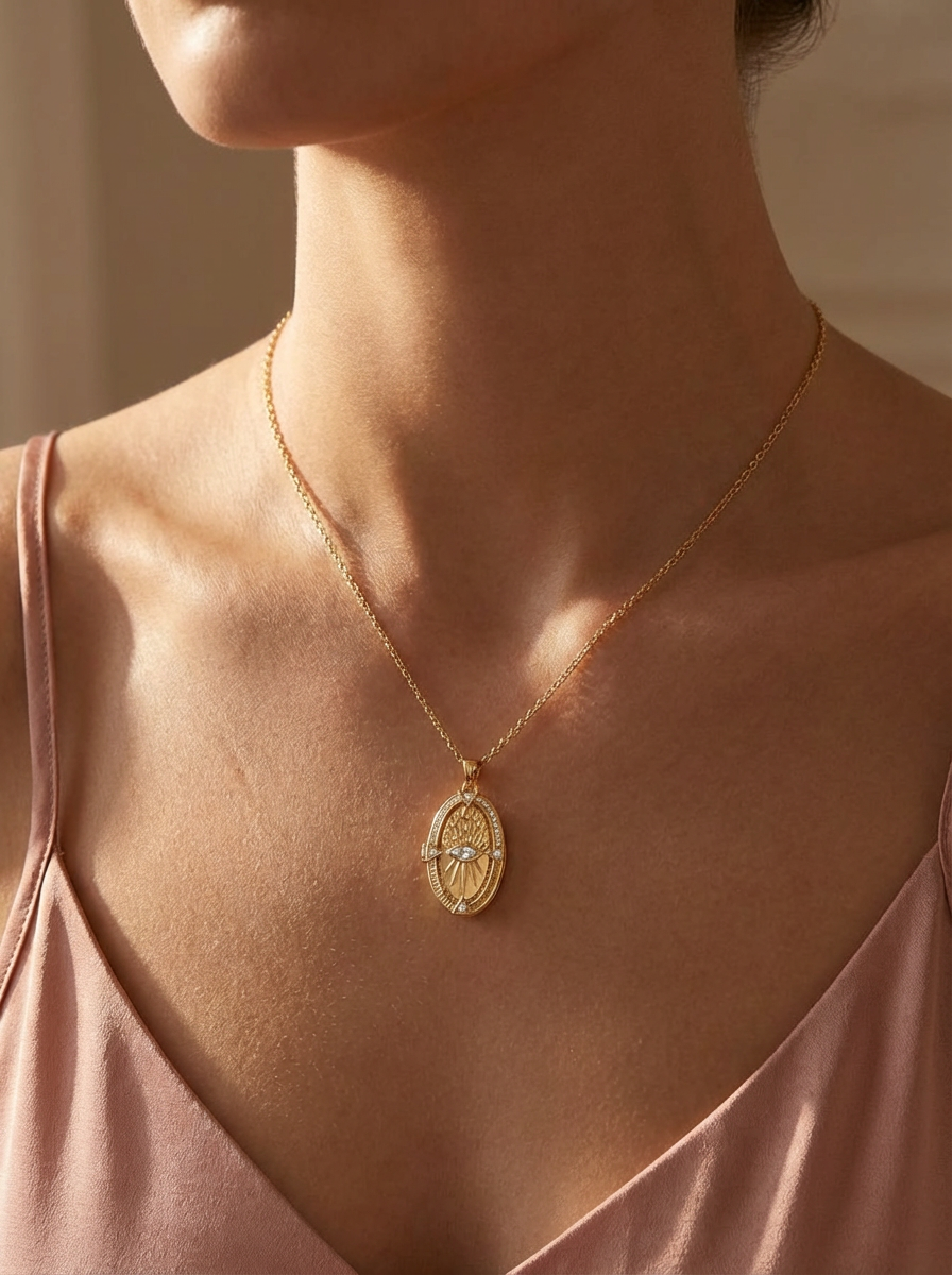 Layla Kolye, gökyüzünün gizemlerini taşıyan zarif bir tasarım, ay, yıldız ve göz motifleriyle işlenmiş, 1. sınıf pirinç üzerine altın kaplama detaylarıyla göz alıcı bir parça.