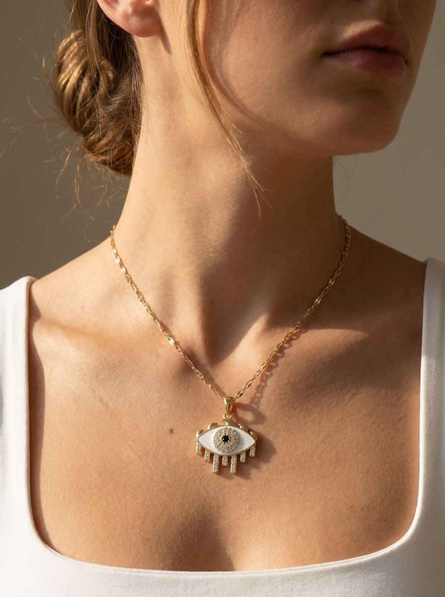 Naomi Kolye'nin detayı, zarif beyaz mina ve taşlarla süslü göz formu, paslanmaz çelikten yapılmış özel zincir ile birlikte lüks bir görünüm sunmaktadır. Klasik nazar boncuğu görünümüne modern bir yorum.